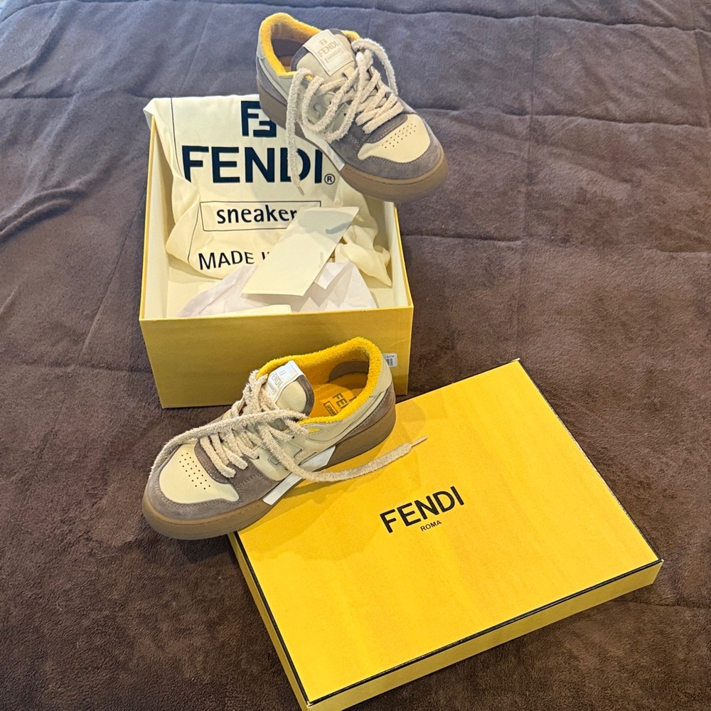 Fendi Gray, Cream & Yellow Low-Top Sneakers